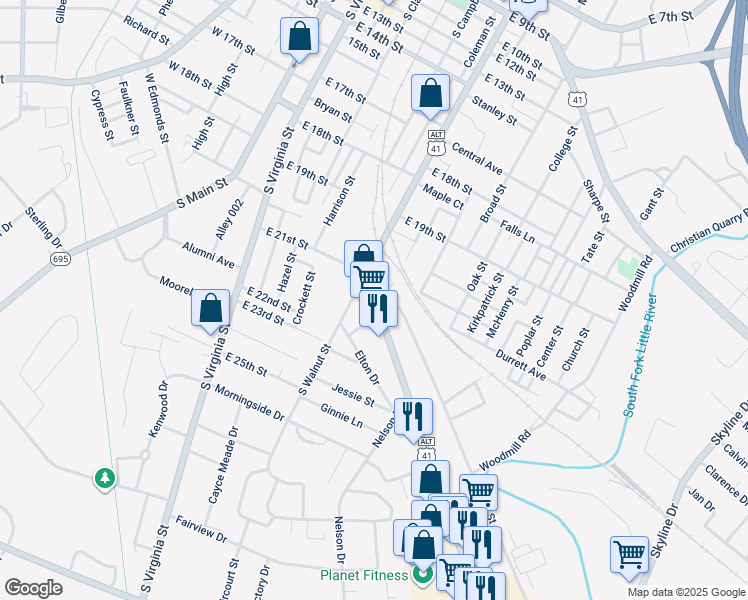 map of restaurants, bars, coffee shops, grocery stores, and more near 2301 South Walnut Street in Hopkinsville