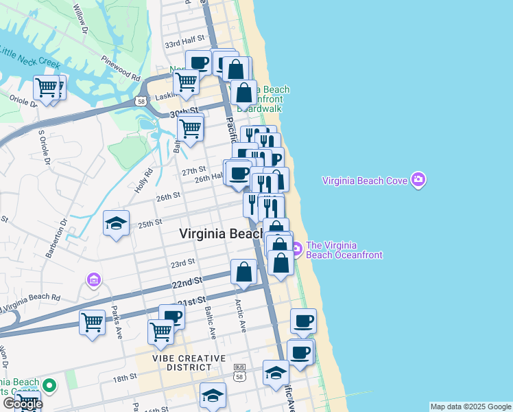 map of restaurants, bars, coffee shops, grocery stores, and more near 210 25th Street in Virginia Beach