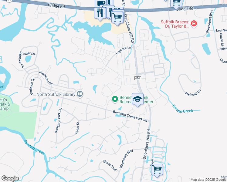 map of restaurants, bars, coffee shops, grocery stores, and more near 5025 Breleigh Lane in Suffolk