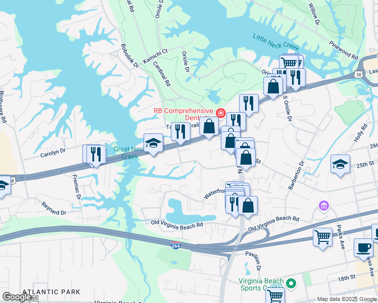 map of restaurants, bars, coffee shops, grocery stores, and more near 1241 Laskin Road in Virginia Beach