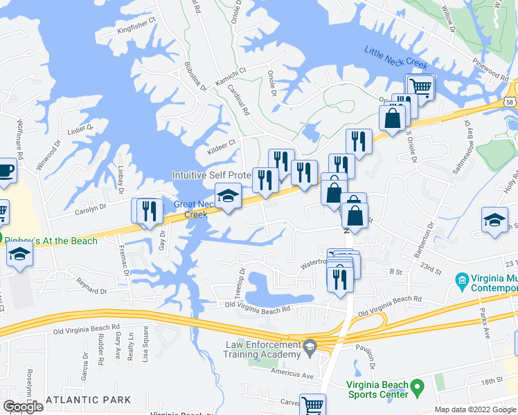 map of restaurants, bars, coffee shops, grocery stores, and more near 1268 U.S. 58 in Virginia Beach