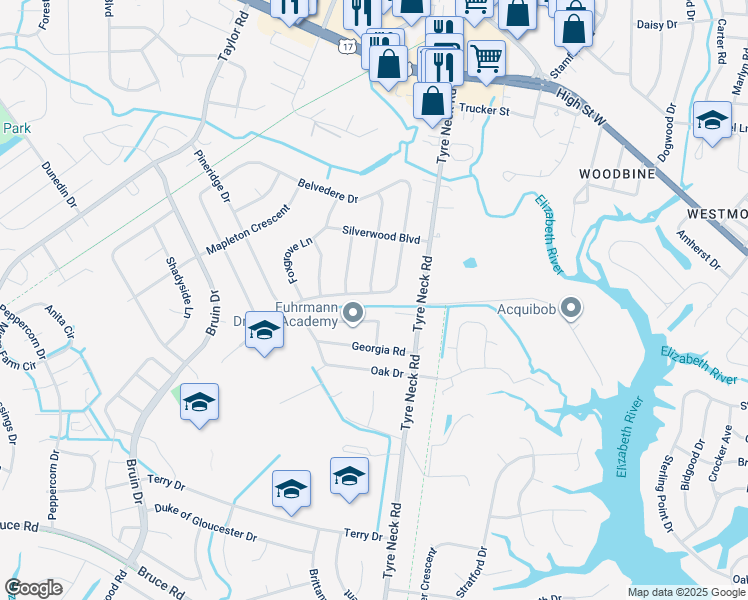 map of restaurants, bars, coffee shops, grocery stores, and more near 4037 Hawksley Drive in Chesapeake