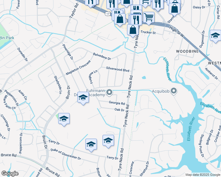 map of restaurants, bars, coffee shops, grocery stores, and more near 4045 Hawksley Drive in Chesapeake