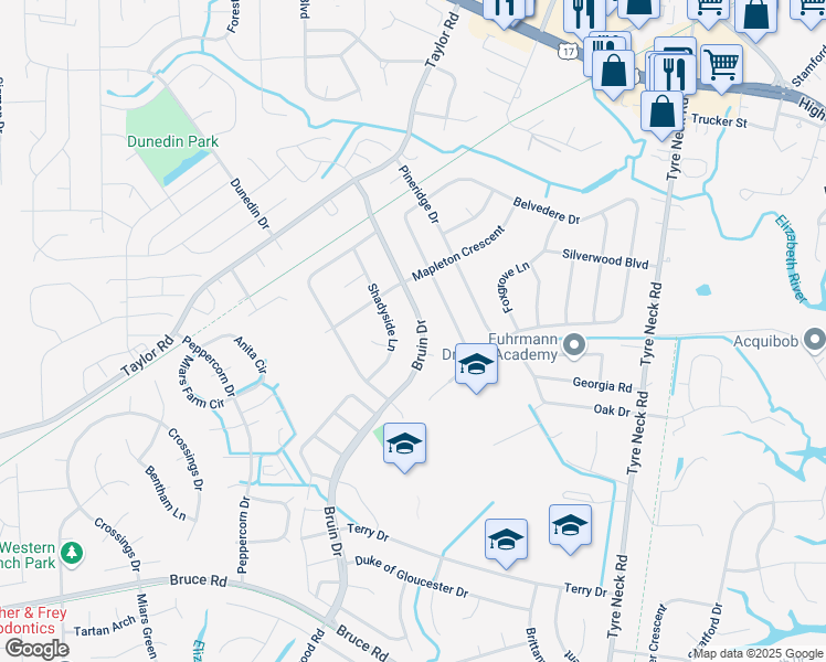 map of restaurants, bars, coffee shops, grocery stores, and more near 3232 Bruin Drive in Chesapeake