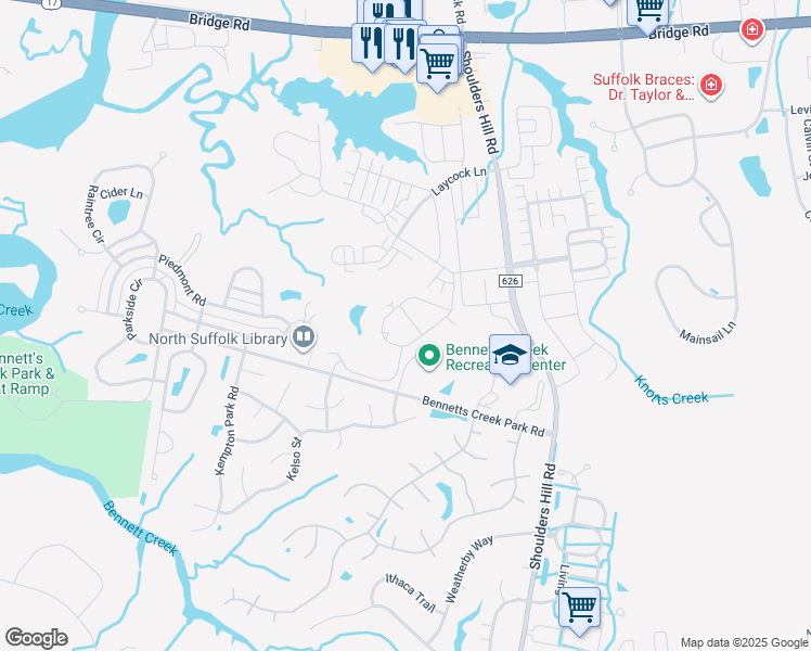 map of restaurants, bars, coffee shops, grocery stores, and more near 5018 Breleigh Lane in Suffolk