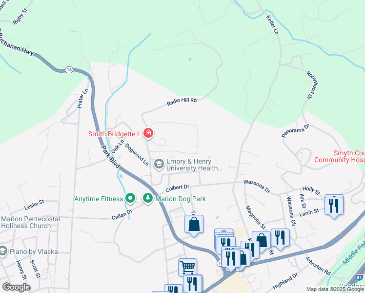 map of restaurants, bars, coffee shops, grocery stores, and more near 201 Francis Marion Lane in Marion