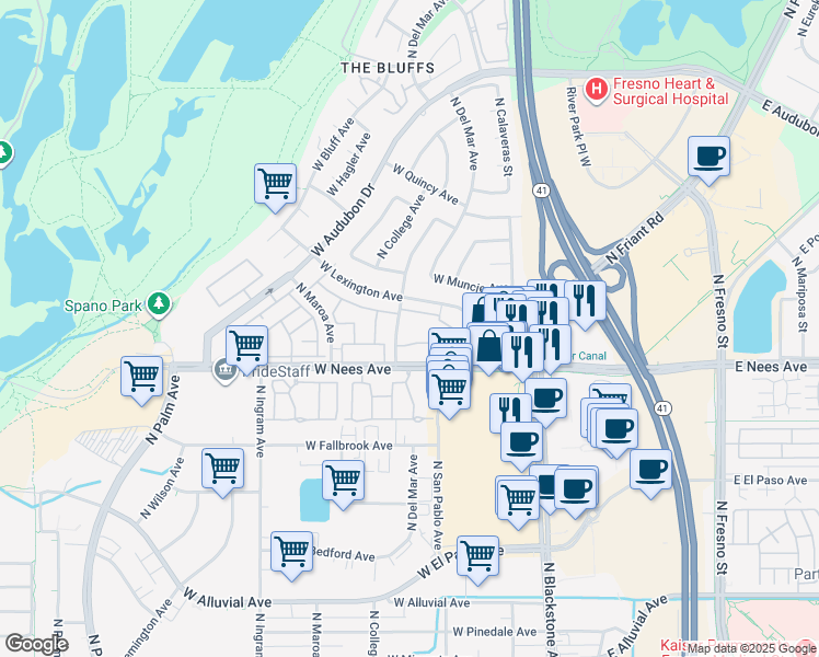 map of restaurants, bars, coffee shops, grocery stores, and more near 8070 North Poplar Avenue in Fresno