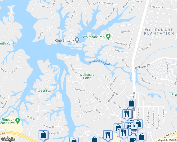 map of restaurants, bars, coffee shops, grocery stores, and more near 280 Windship Cove in Virginia Beach