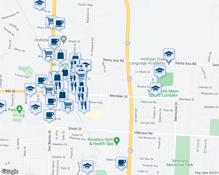 map of restaurants, bars, coffee shops, grocery stores, and more near 431 Tuscany Place in Hollister