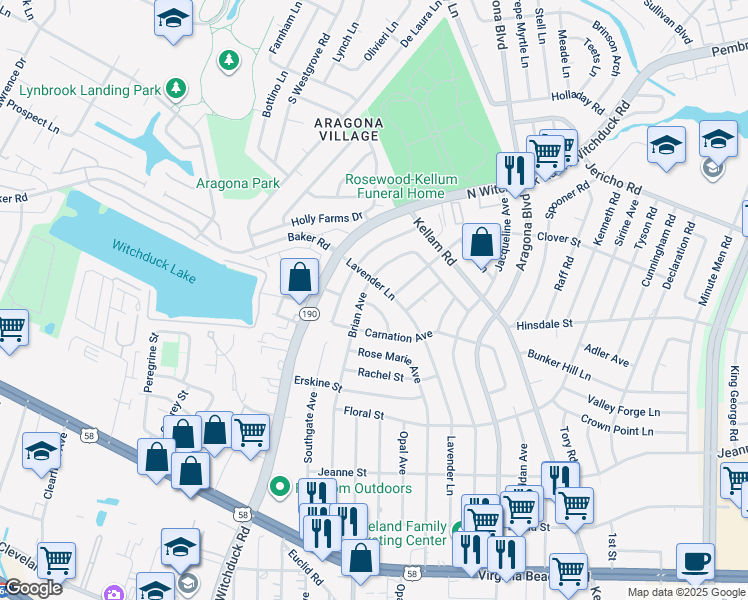 map of restaurants, bars, coffee shops, grocery stores, and more near 524 Oxgate Lane in Virginia Beach