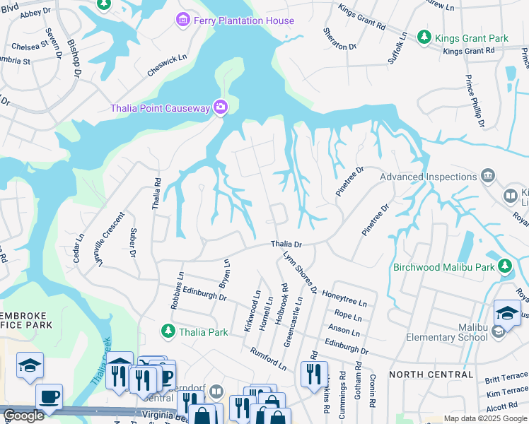 map of restaurants, bars, coffee shops, grocery stores, and more near 613 Lynn Shores Drive in Virginia Beach