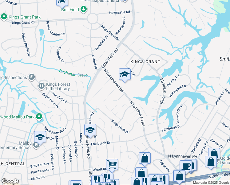 map of restaurants, bars, coffee shops, grocery stores, and more near 648 Alberthas Drive in Virginia Beach