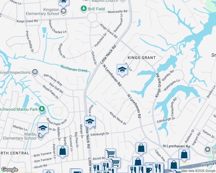 map of restaurants, bars, coffee shops, grocery stores, and more near 640 Johnson Street in Virginia Beach
