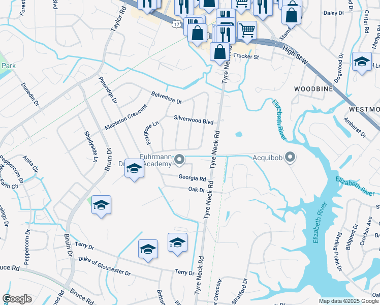 map of restaurants, bars, coffee shops, grocery stores, and more near 4037 Hawksley Drive in Chesapeake