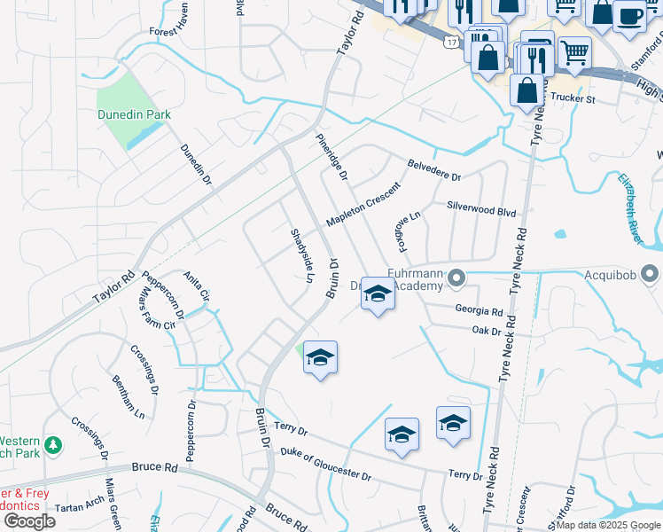 map of restaurants, bars, coffee shops, grocery stores, and more near 3232 Bruin Drive in Chesapeake