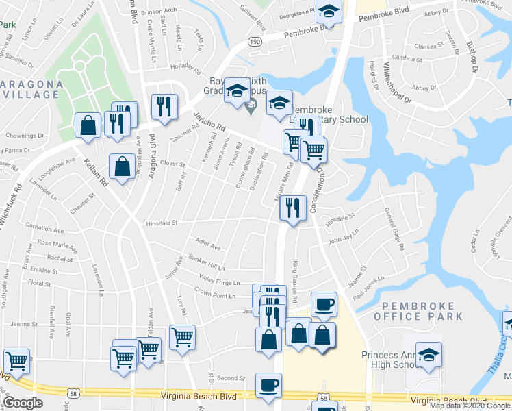 map of restaurants, bars, coffee shops, grocery stores, and more near 4613 Patriot Lane in Virginia Beach