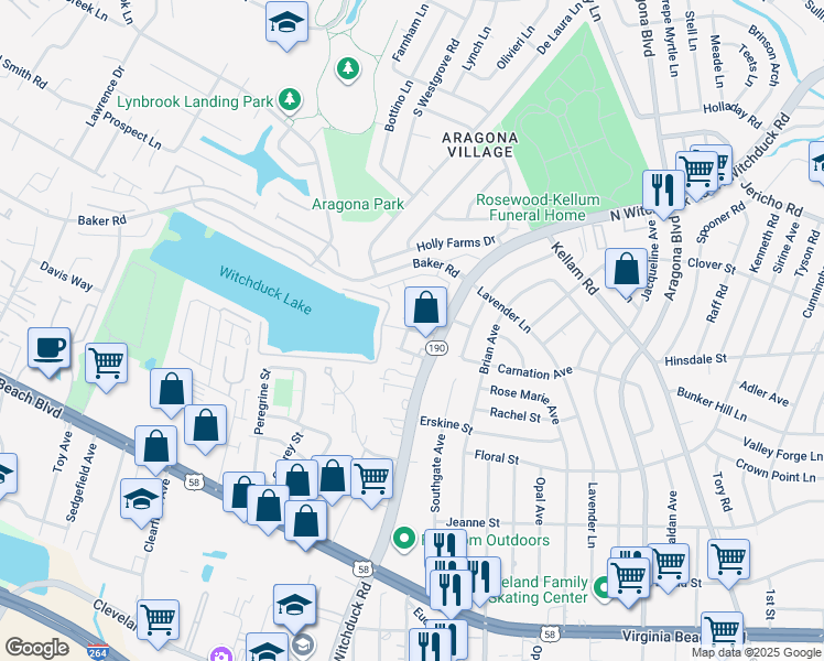 map of restaurants, bars, coffee shops, grocery stores, and more near 5277 Summer Crescent in Virginia Beach