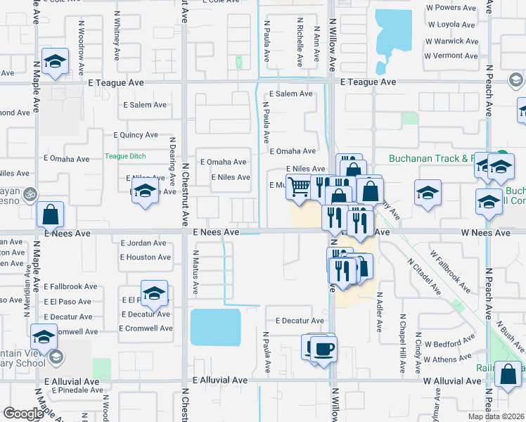 map of restaurants, bars, coffee shops, grocery stores, and more near 2670 East Nees Avenue in Fresno