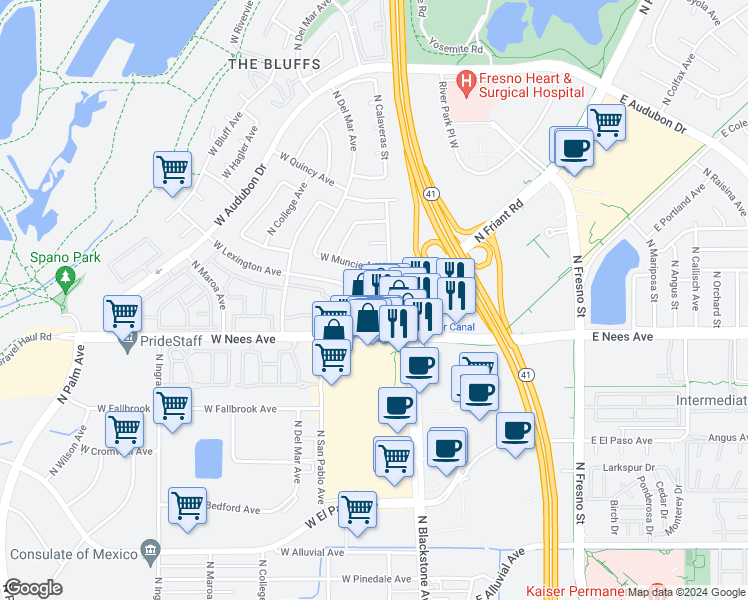 map of restaurants, bars, coffee shops, grocery stores, and more near 8060 North Glenn Avenue in Fresno