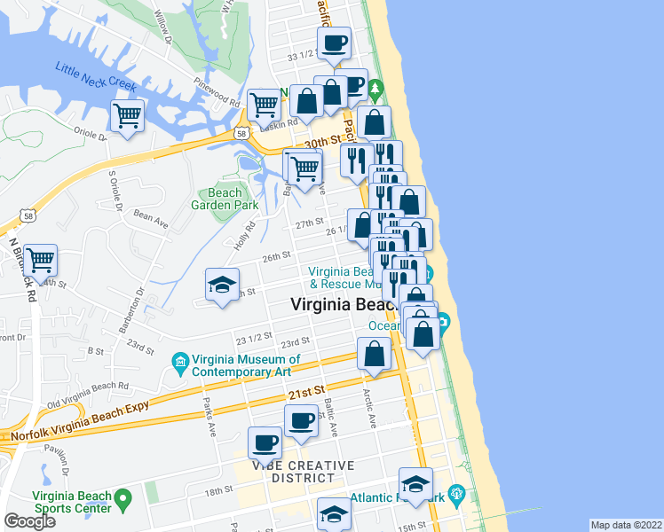 map of restaurants, bars, coffee shops, grocery stores, and more near 2505 Arctic Avenue in Virginia Beach
