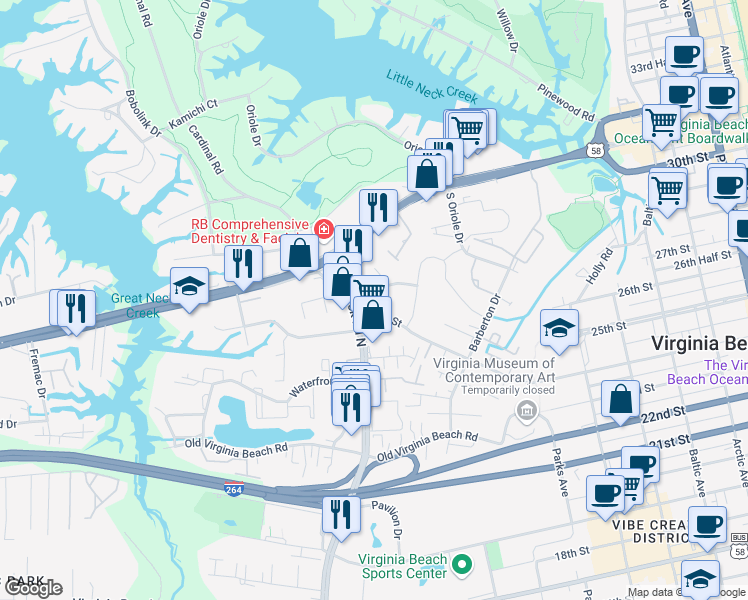 map of restaurants, bars, coffee shops, grocery stores, and more near 600 North Birdneck Road in Virginia Beach