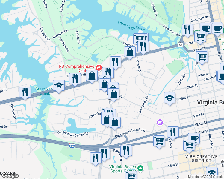 map of restaurants, bars, coffee shops, grocery stores, and more near 600 North Birdneck Road in Virginia Beach