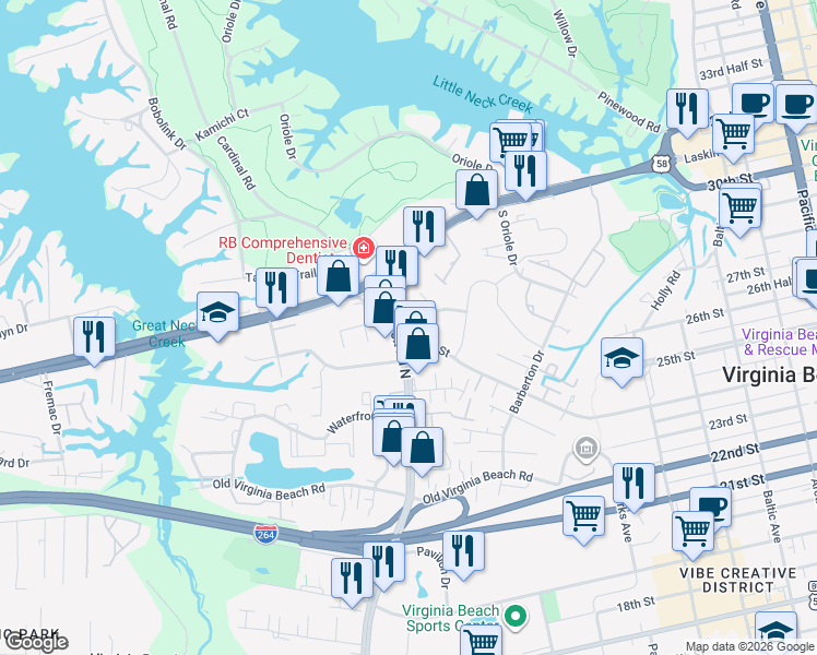 map of restaurants, bars, coffee shops, grocery stores, and more near 600 North Birdneck Road in Virginia Beach
