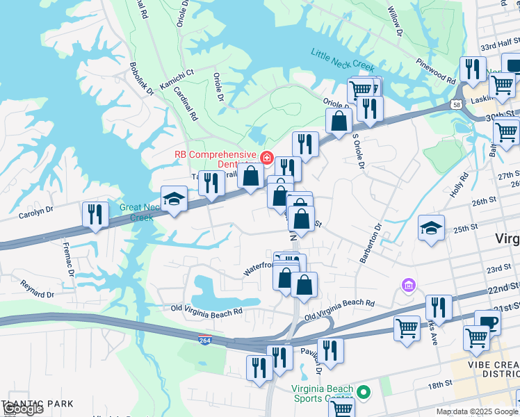 map of restaurants, bars, coffee shops, grocery stores, and more near 701 Fern Court in Virginia Beach