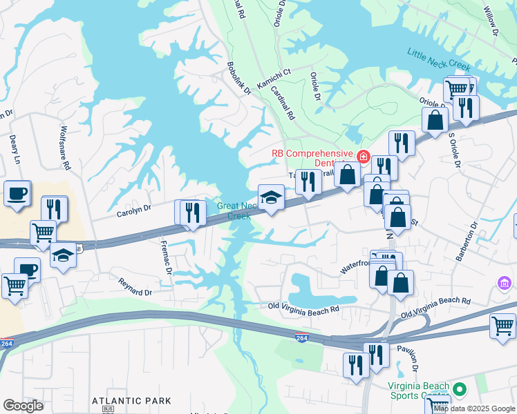 map of restaurants, bars, coffee shops, grocery stores, and more near 1280 U.S. 58 in Virginia Beach