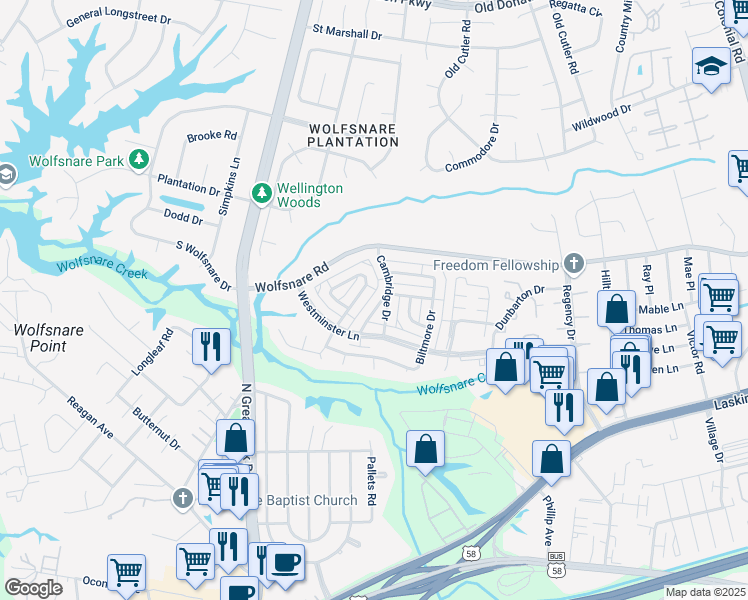 map of restaurants, bars, coffee shops, grocery stores, and more near 821 Cambridge Drive in Virginia Beach