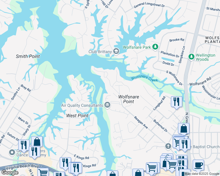 map of restaurants, bars, coffee shops, grocery stores, and more near 2702 Seashore Cove in Virginia Beach