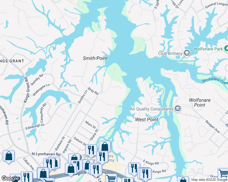 map of restaurants, bars, coffee shops, grocery stores, and more near 570 Ingram Road in Virginia Beach