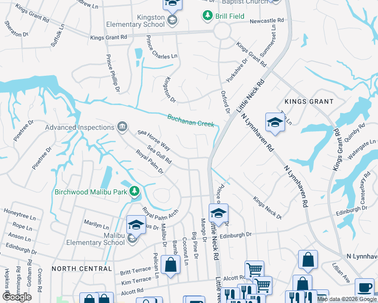 map of restaurants, bars, coffee shops, grocery stores, and more near 3500 Coral West in Virginia Beach