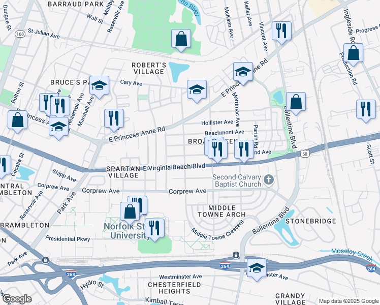 map of restaurants, bars, coffee shops, grocery stores, and more near 2713 Mapleton Avenue in Norfolk