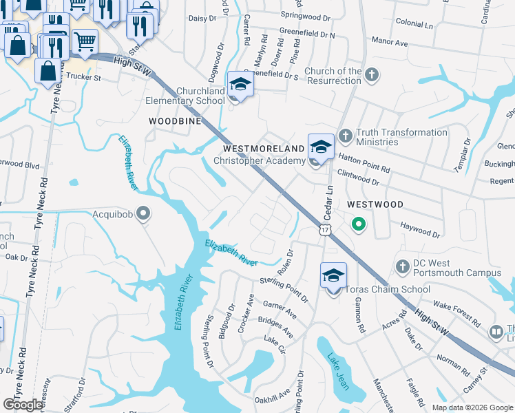 map of restaurants, bars, coffee shops, grocery stores, and more near 5114 Radcliff Circle in Portsmouth