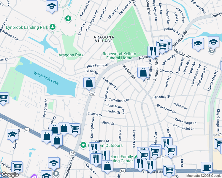 map of restaurants, bars, coffee shops, grocery stores, and more near 524 Oxgate Lane in Virginia Beach