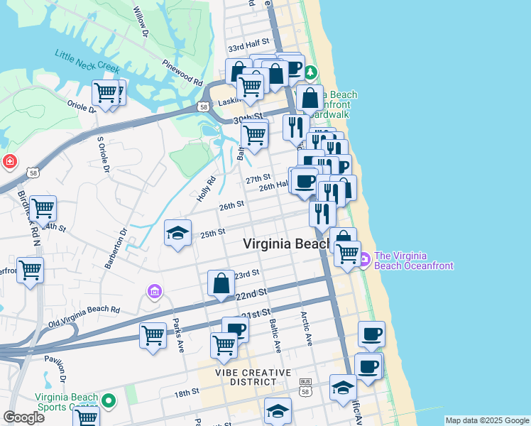 map of restaurants, bars, coffee shops, grocery stores, and more near 407 25th Street in Virginia Beach