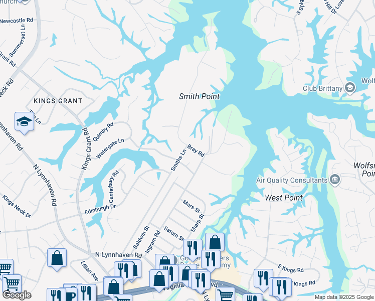 map of restaurants, bars, coffee shops, grocery stores, and more near 2953 Bray Road in Virginia Beach