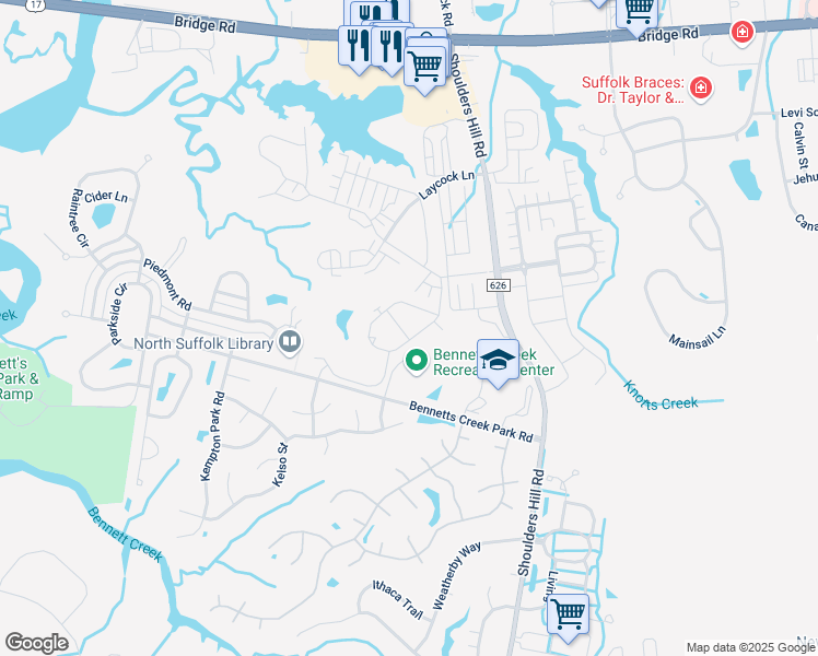 map of restaurants, bars, coffee shops, grocery stores, and more near 5007 Breleigh Lane in Suffolk