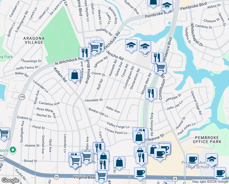 map of restaurants, bars, coffee shops, grocery stores, and more near 625 Sirine Avenue in Virginia Beach