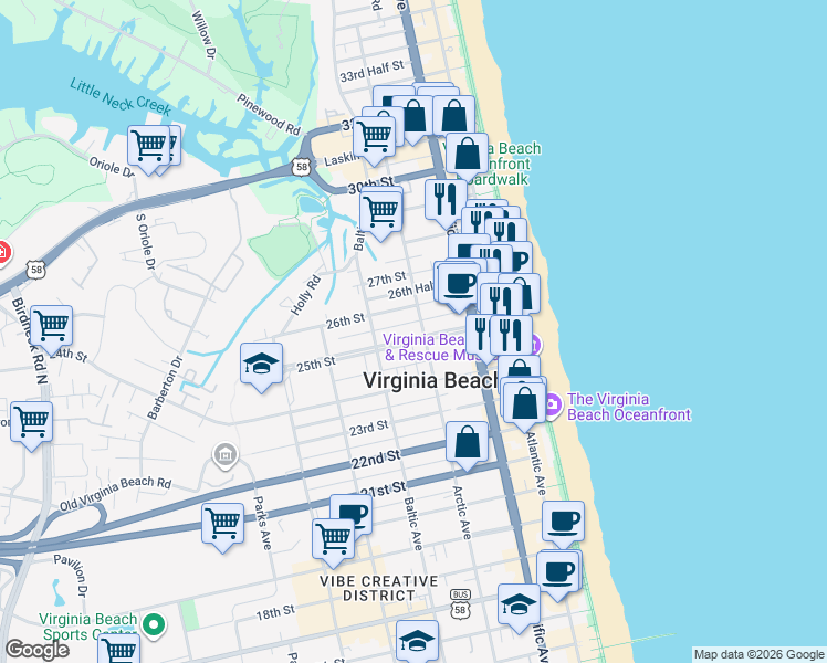 map of restaurants, bars, coffee shops, grocery stores, and more near 2505 Arctic Avenue in Virginia Beach