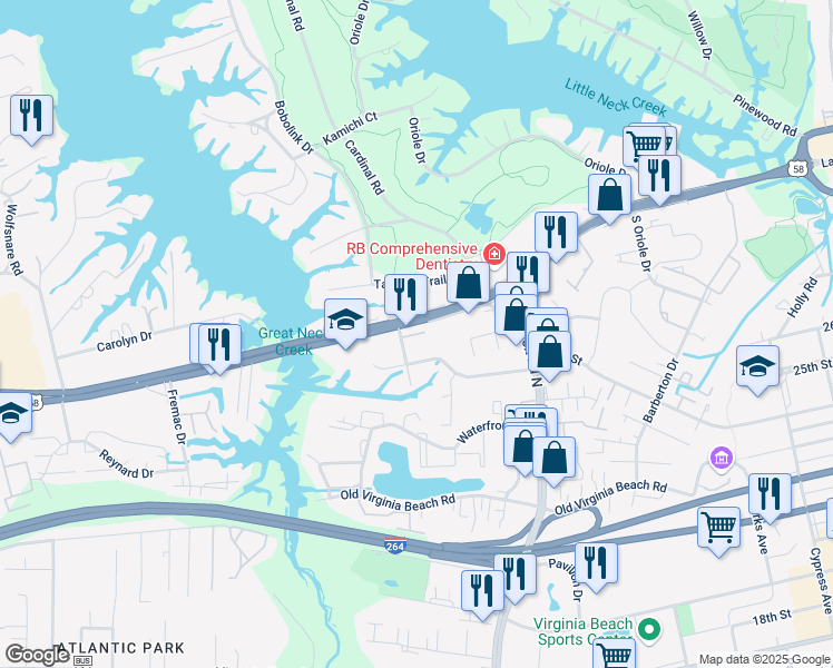 map of restaurants, bars, coffee shops, grocery stores, and more near 1241 Laskin Road in Virginia Beach