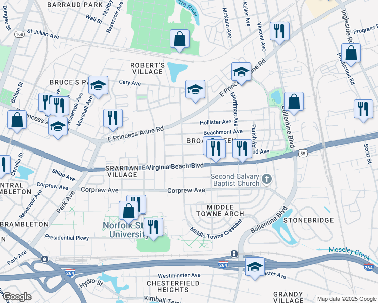 map of restaurants, bars, coffee shops, grocery stores, and more near 2713 Mapleton Avenue in Norfolk