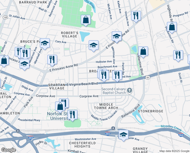 map of restaurants, bars, coffee shops, grocery stores, and more near 2728 Woodland Avenue in Norfolk