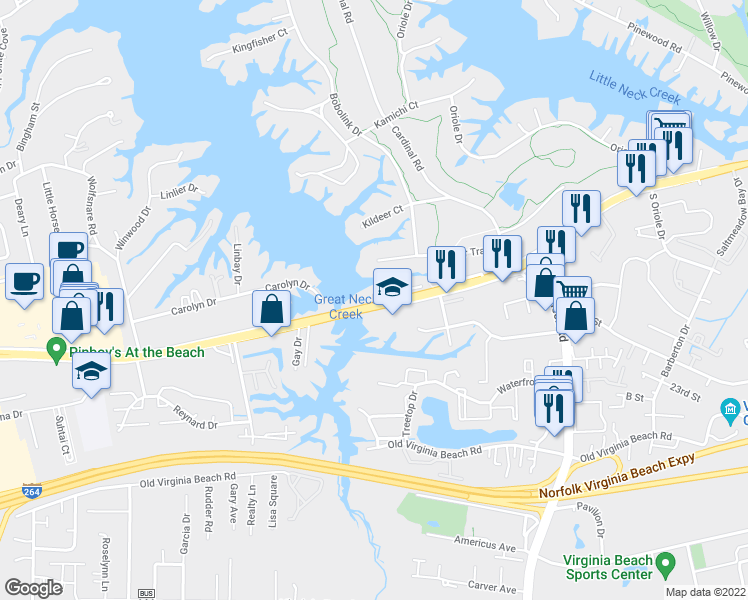 map of restaurants, bars, coffee shops, grocery stores, and more near 1292 Laskin Road in Virginia Beach