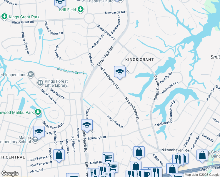 map of restaurants, bars, coffee shops, grocery stores, and more near 648 Alberthas Drive in Virginia Beach