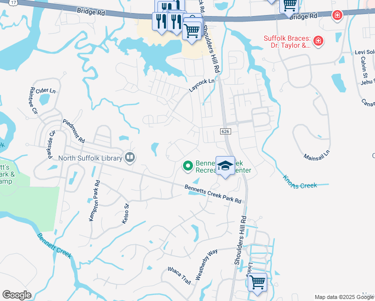 map of restaurants, bars, coffee shops, grocery stores, and more near 4023 Abercorn Drive in Suffolk