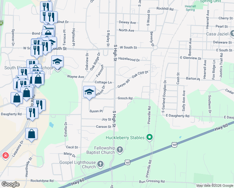 map of restaurants, bars, coffee shops, grocery stores, and more near 1025 South High Street in Neosho