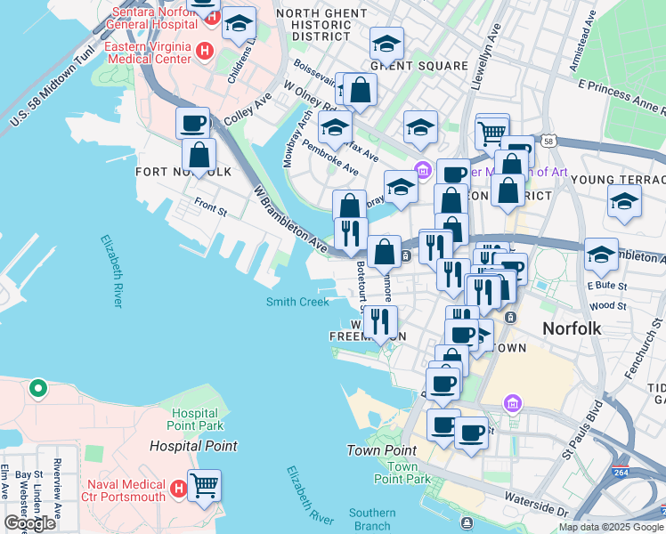 map of restaurants, bars, coffee shops, grocery stores, and more near 429 West York Street in Norfolk