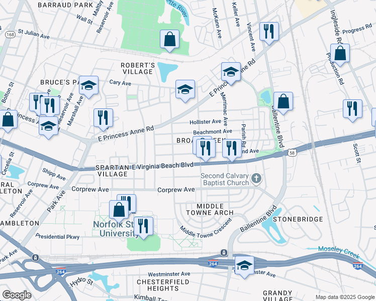 map of restaurants, bars, coffee shops, grocery stores, and more near 2728 Woodland Avenue in Norfolk